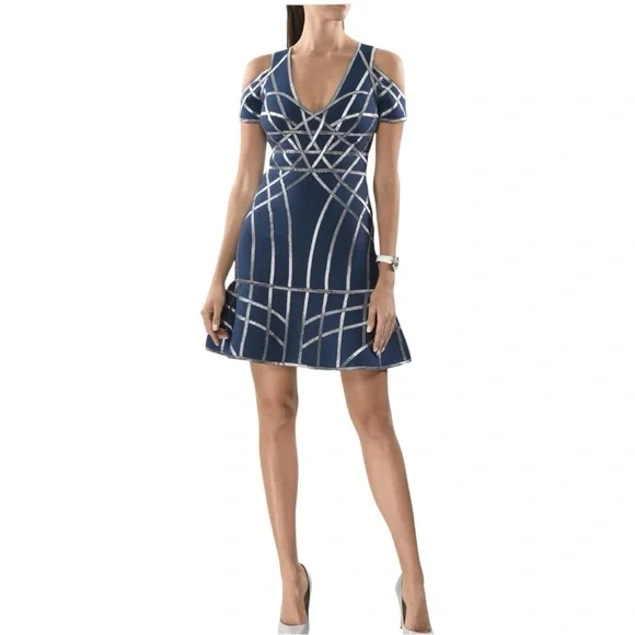 HERVE LEGER VERONIKKA CAGED STRAPPY SEXY RARE COLD-SHOULDER FLUTE DRESS Sz L - Picture 4 of 17